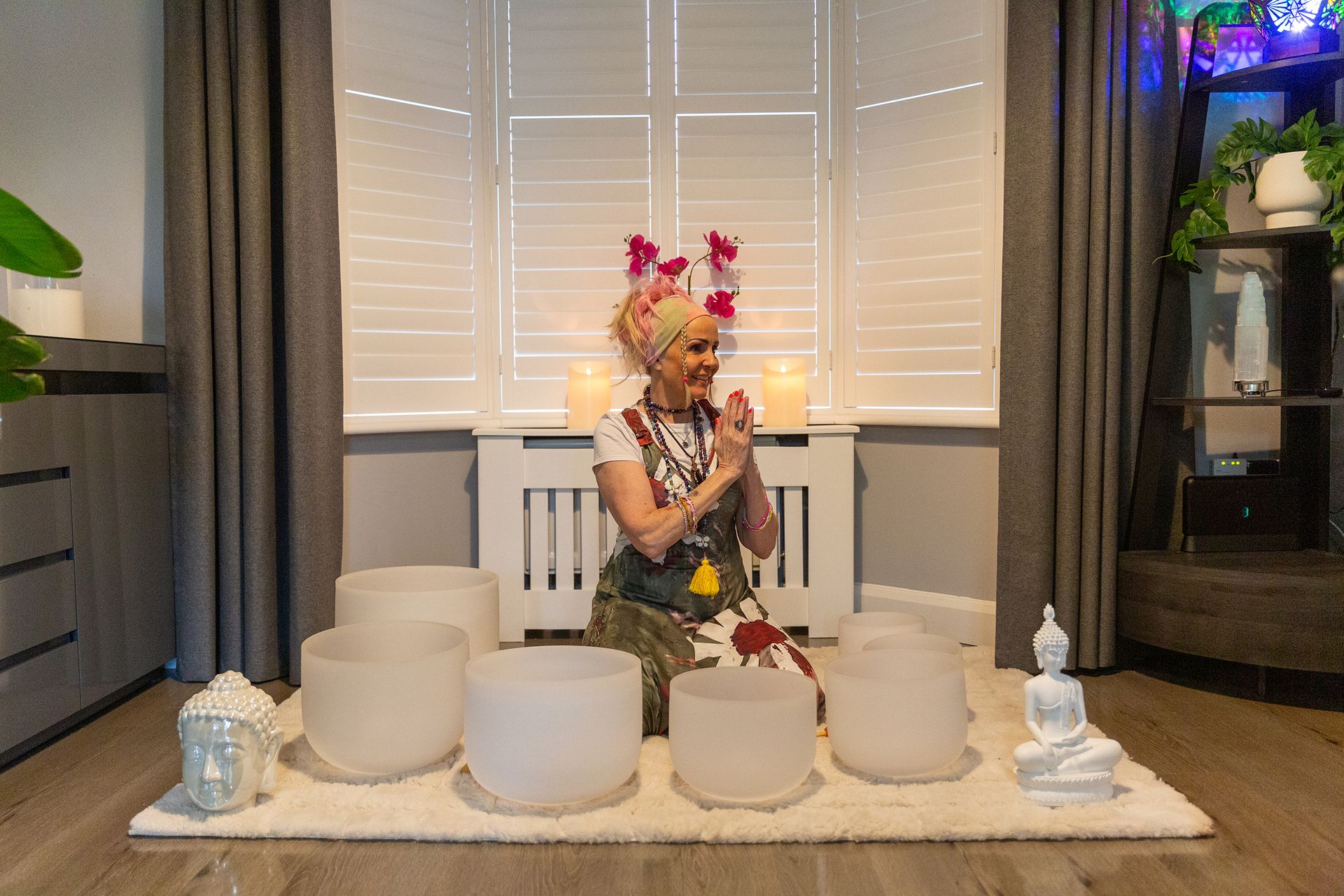 Yvonne Barrie practicing sound bath therapy in East Kilbride